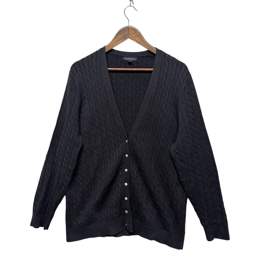 Lands' End Black Cable-Knit V-Neck Cardigan